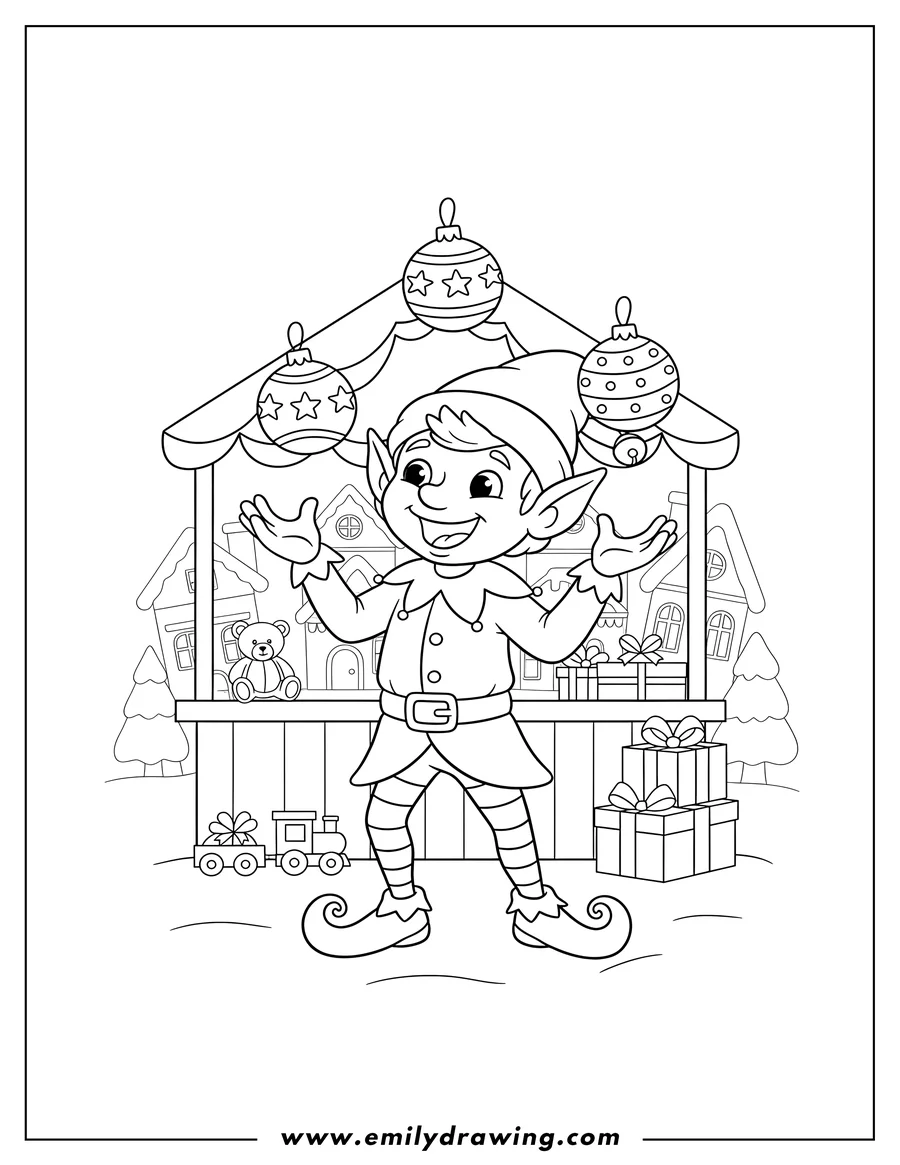 Black and white line art of smiling Christmas Elf Juggling Three Ornaments At Holiday Market