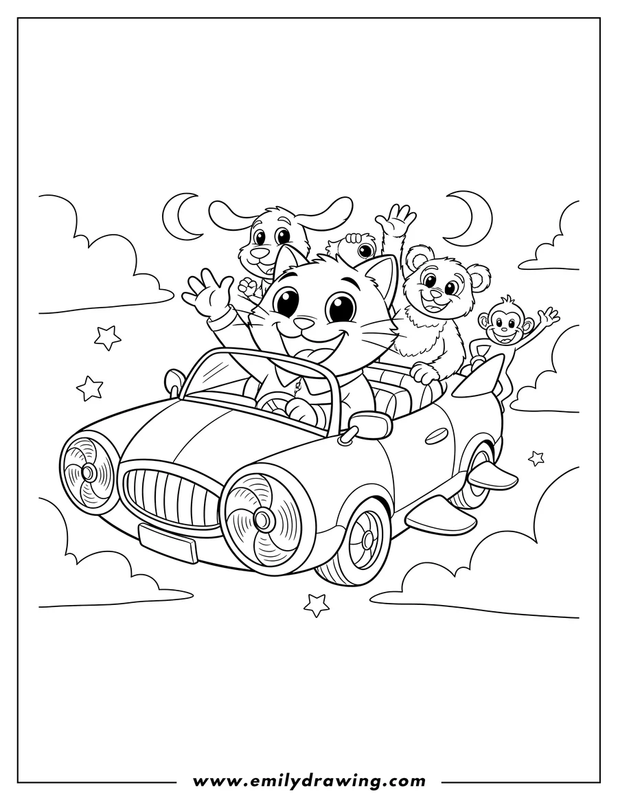 Full page coloring image of smiling Critters waving from a convertible flying car, with one hanging off the back