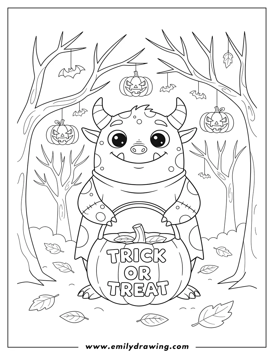 Coloring page for kids: smiling Horned Monster with spots and large round eyes, holding a Trick Or Treat Bag with 'TRICK OR TREAT' text, in a Spooky Forest