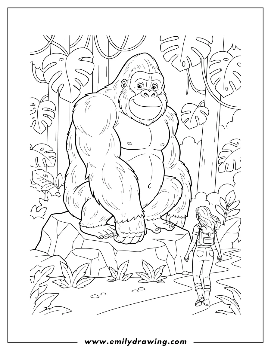 Free to print drawing of smiling King Kong watching a woman walking away in the jungle