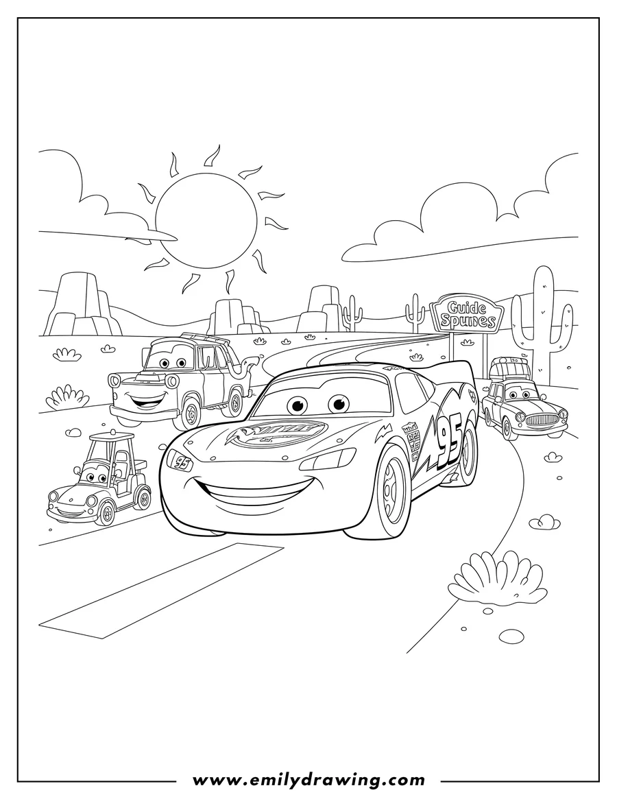 Coloring page for kids: smiling Lightning Mcqueen with his friends gathered on a road