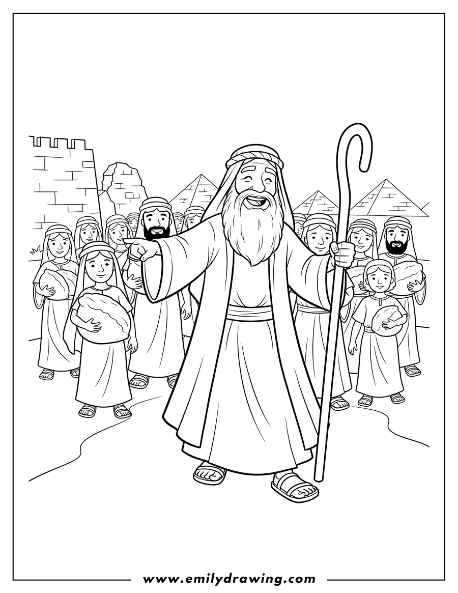 Free printable coloring sheet of smiling Moses holding a staff and pointing forward, leading Israelites out of Egypt