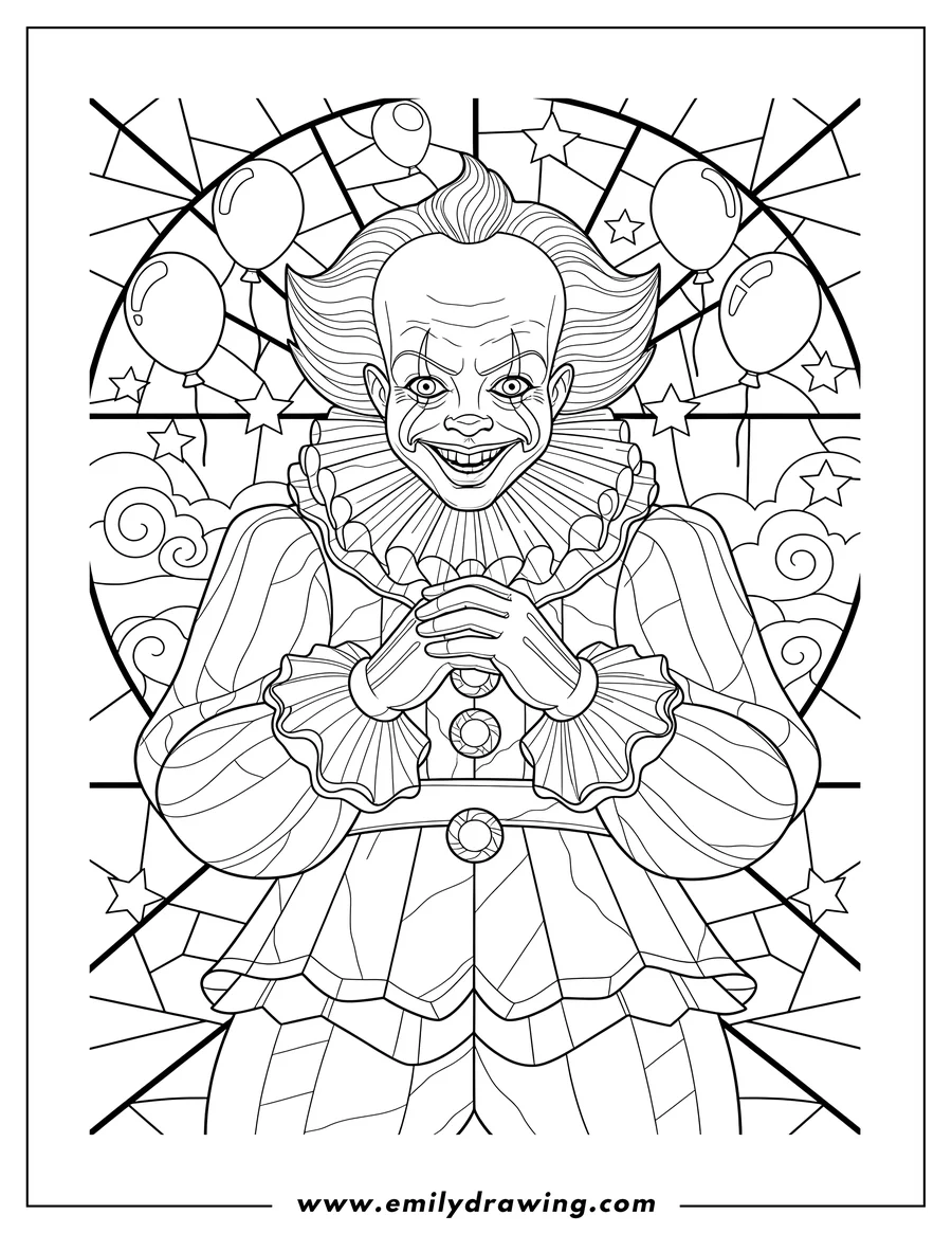 Simple sketch of smiling Pennywise in stained glass, with a ruff collar and clasped hands to color