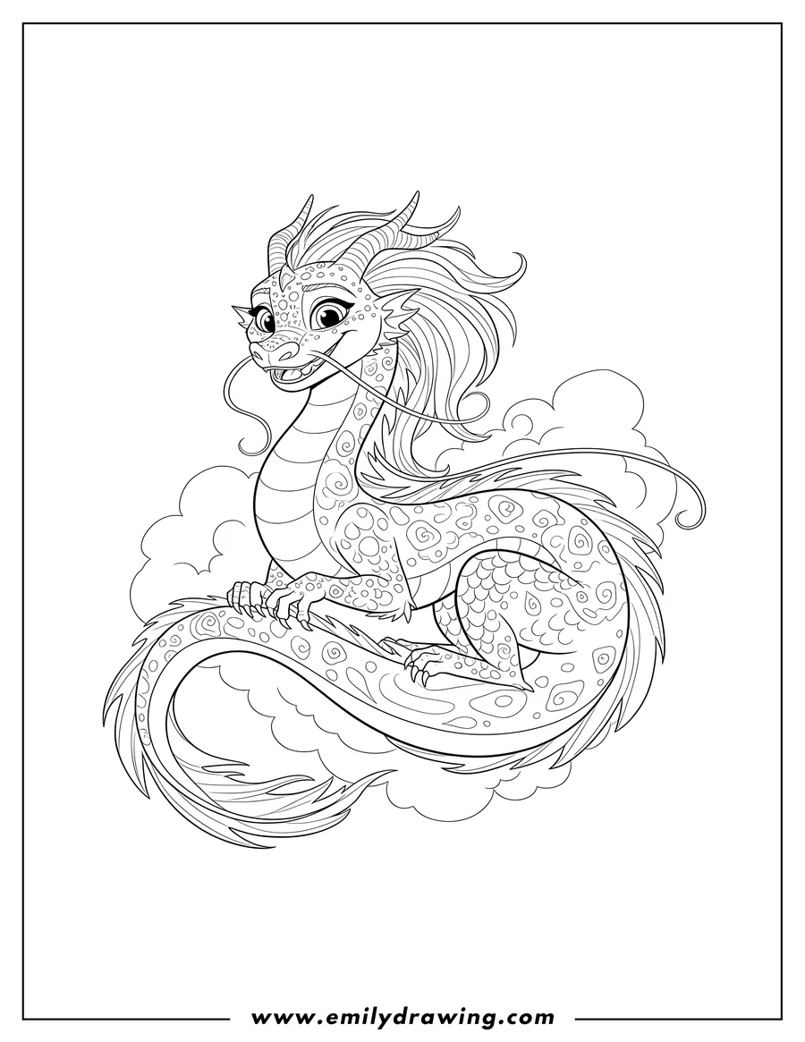 Black and white line art of detailed Smiling Sisu Outline, reclining with flowing mane