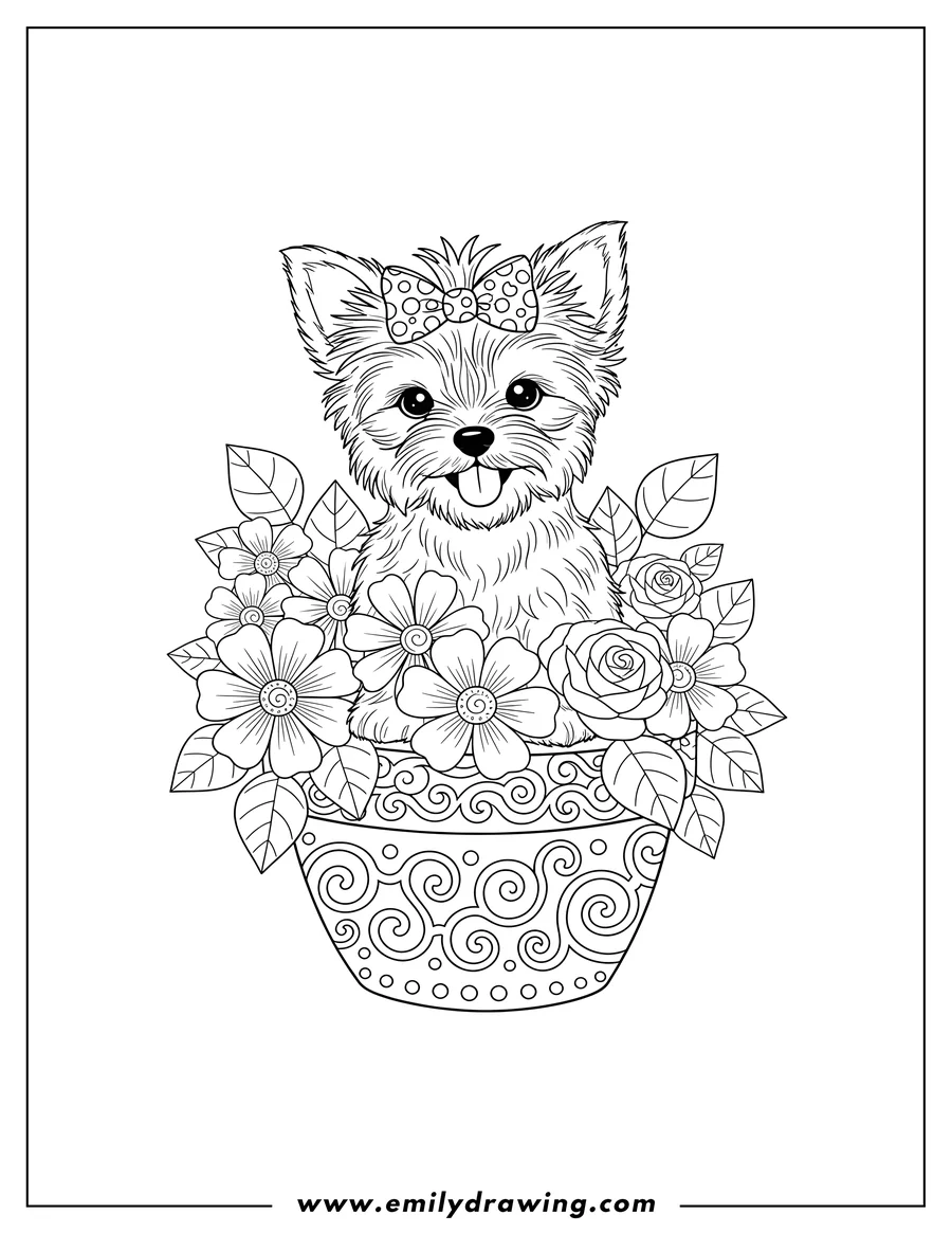 Linear illustration of smiling Teacup Yorkie Puppy with Bow sitting in a Flower Bowl