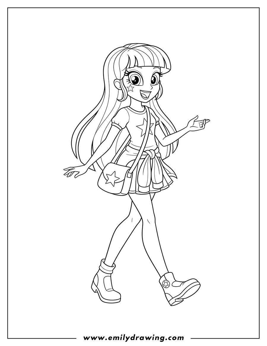 Full page coloring image of smiling Twilight Sparkle Equestria Girls walking with a shoulder bag
