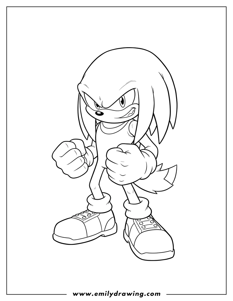 Simple sketch of detailed Smirking Knuckles with an angry expression and clenched fists to color