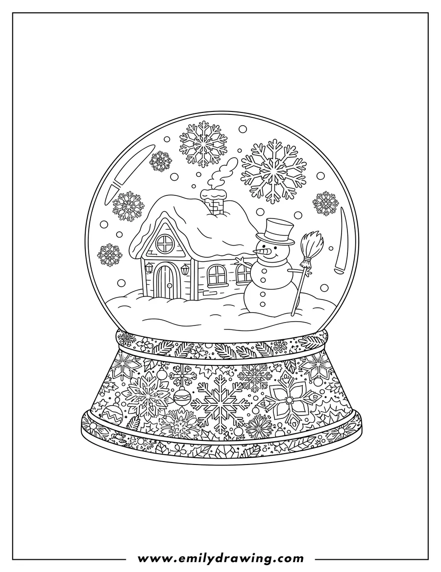 Free printable coloring sheet of snow Globe with a Cottage, Snowflakes, and a Snowman, Winter Christmas Mandala