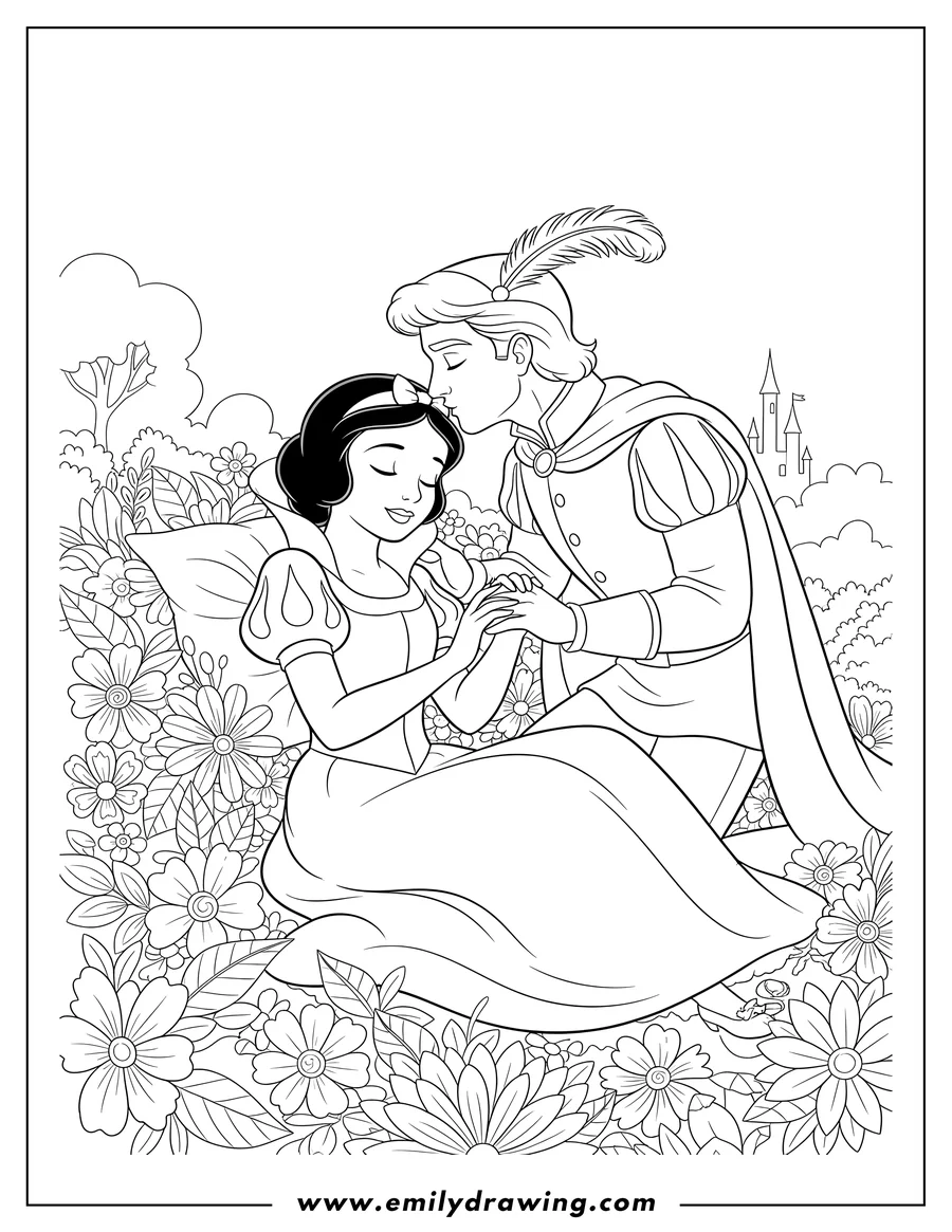Full page coloring image of snow White lying down, being kissed by a prince who is kneeling beside her