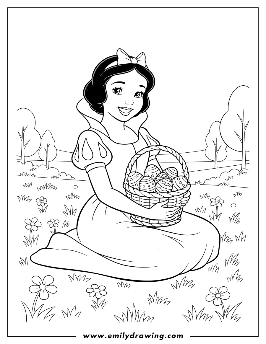 Full page coloring image of snow White sitting on a field, smiling and holding a basket of Easter eggs