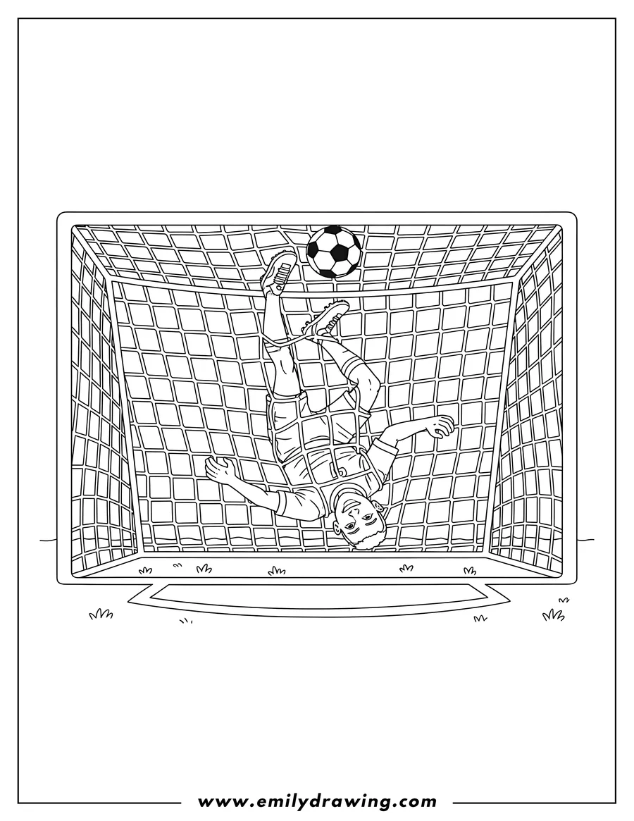 Coloring page for kids: soccer Player Doing Bicycle Kick To Color, upside down in the air inside the goal net