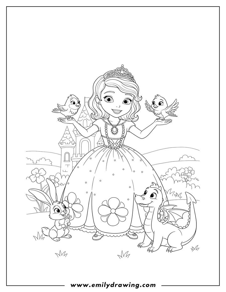 Free to print drawing of sofia the First standing with her animal friends