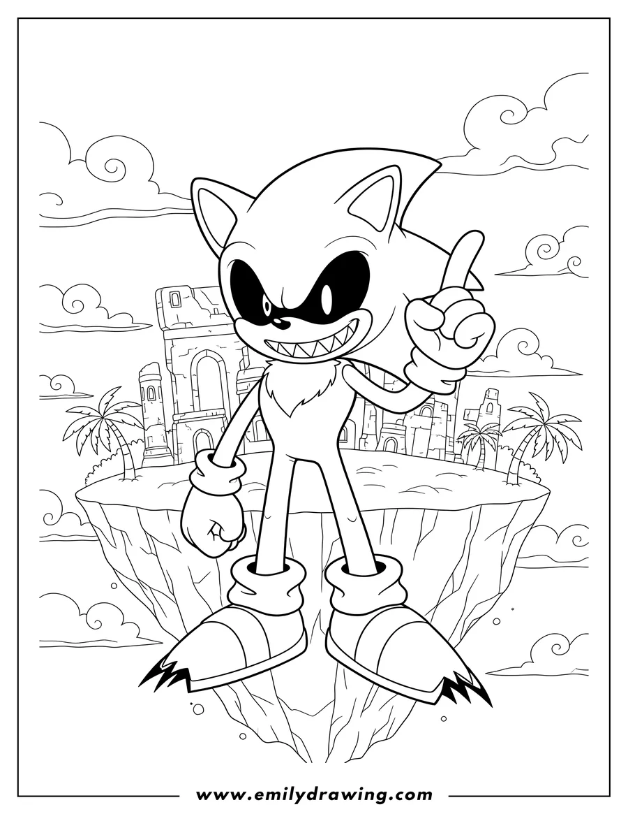 Clean line drawing: sonic Exe with a menacing grin, pointing up, on Angel Island