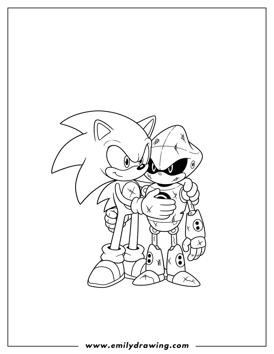High quality printable sonic gently embracing a battle-damaged and scratched Metal Sonic for coloring