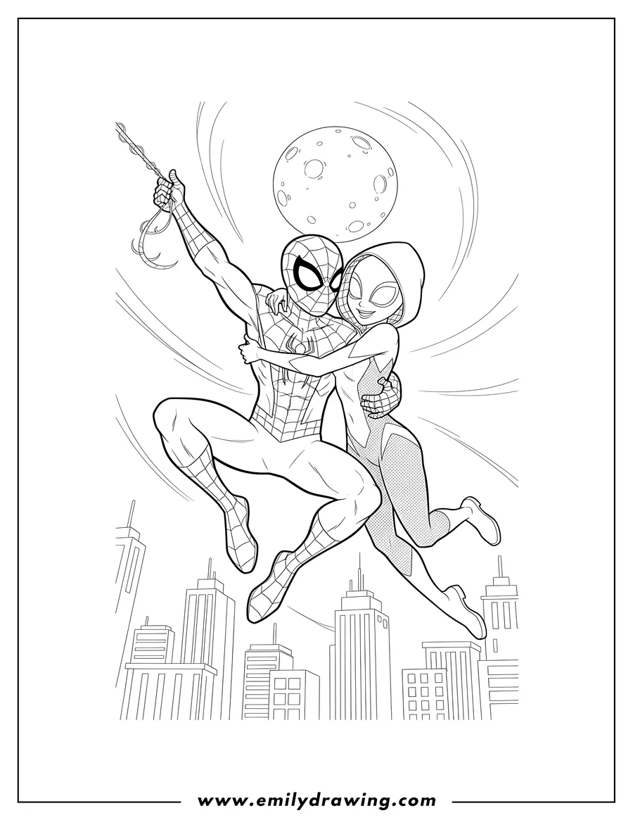 Doodle style coloring picture of detailed Spider Man swinging while embracing Spider Gwen mid-air