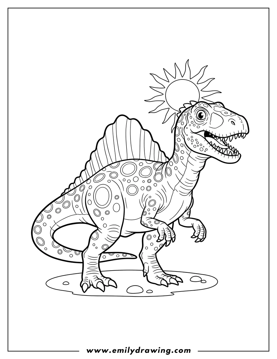 Free printable coloring sheet of detailed Spinosaurus with its mouth slightly open and spotted skin, standing under the sun