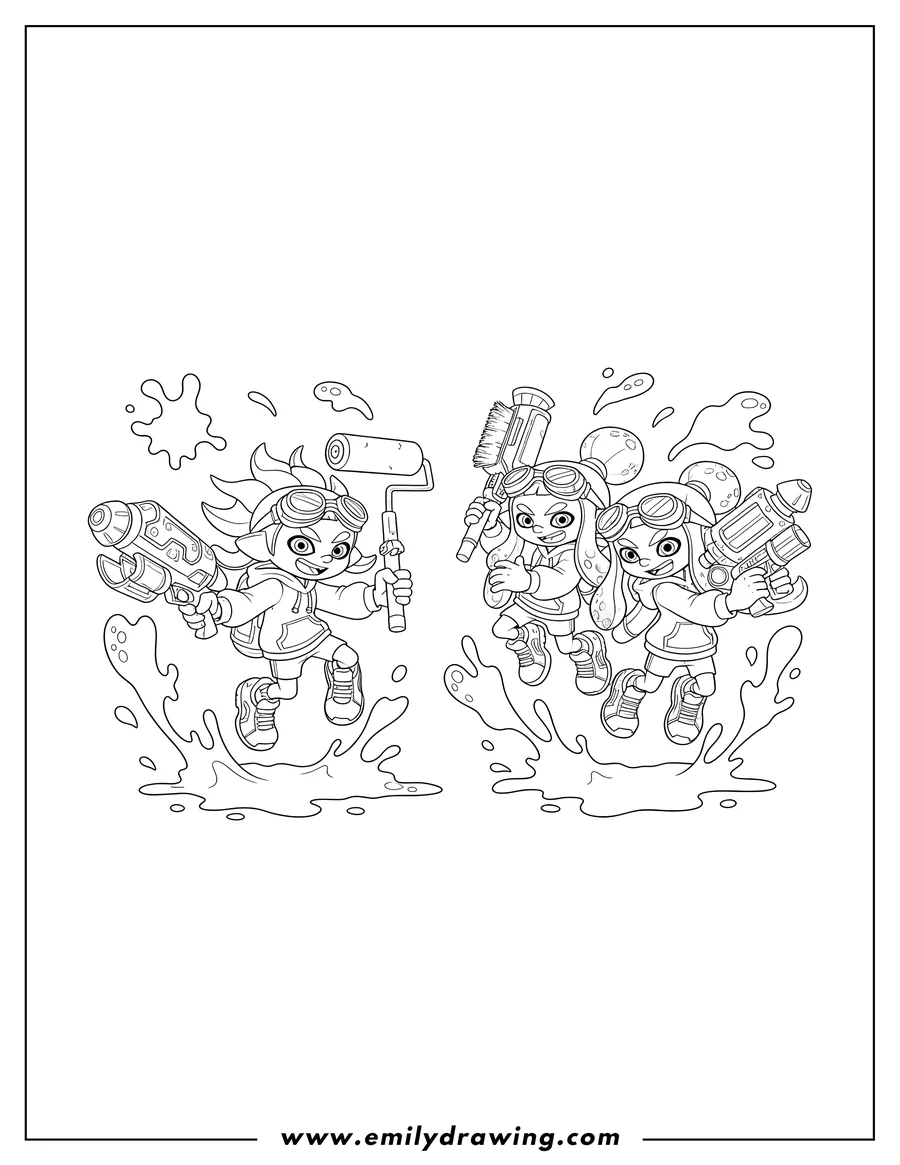 Coloring page of detailed Splatoon 2 Inklings Vs Octolings battling with ink weapons amidst ink splatters
