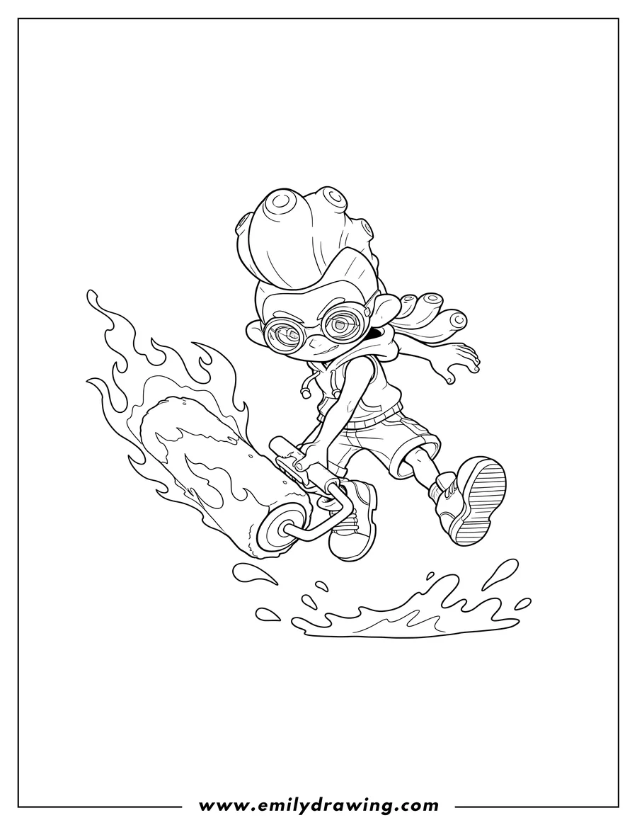 Linear illustration of splatoon Octoling Boy leaping with a large flame roller and goggles