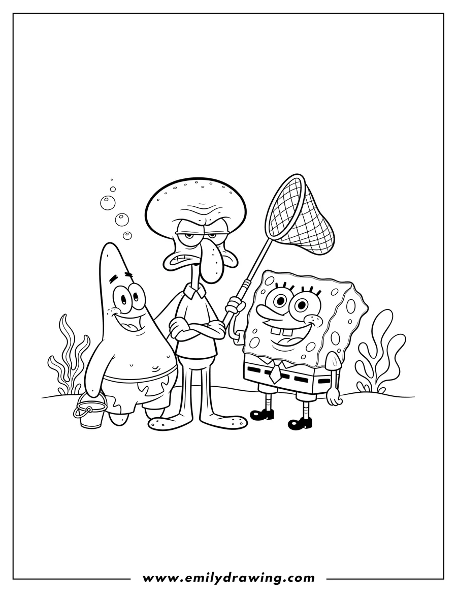 Printable coloring page of detailed Squidward looking annoyed with Spongebob holding a net and Patrick Star