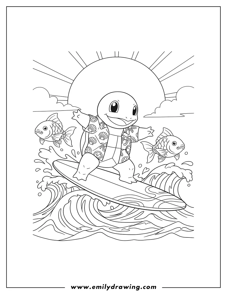 Full page coloring image of squirtle surfing on a surfboard with two Magikarp