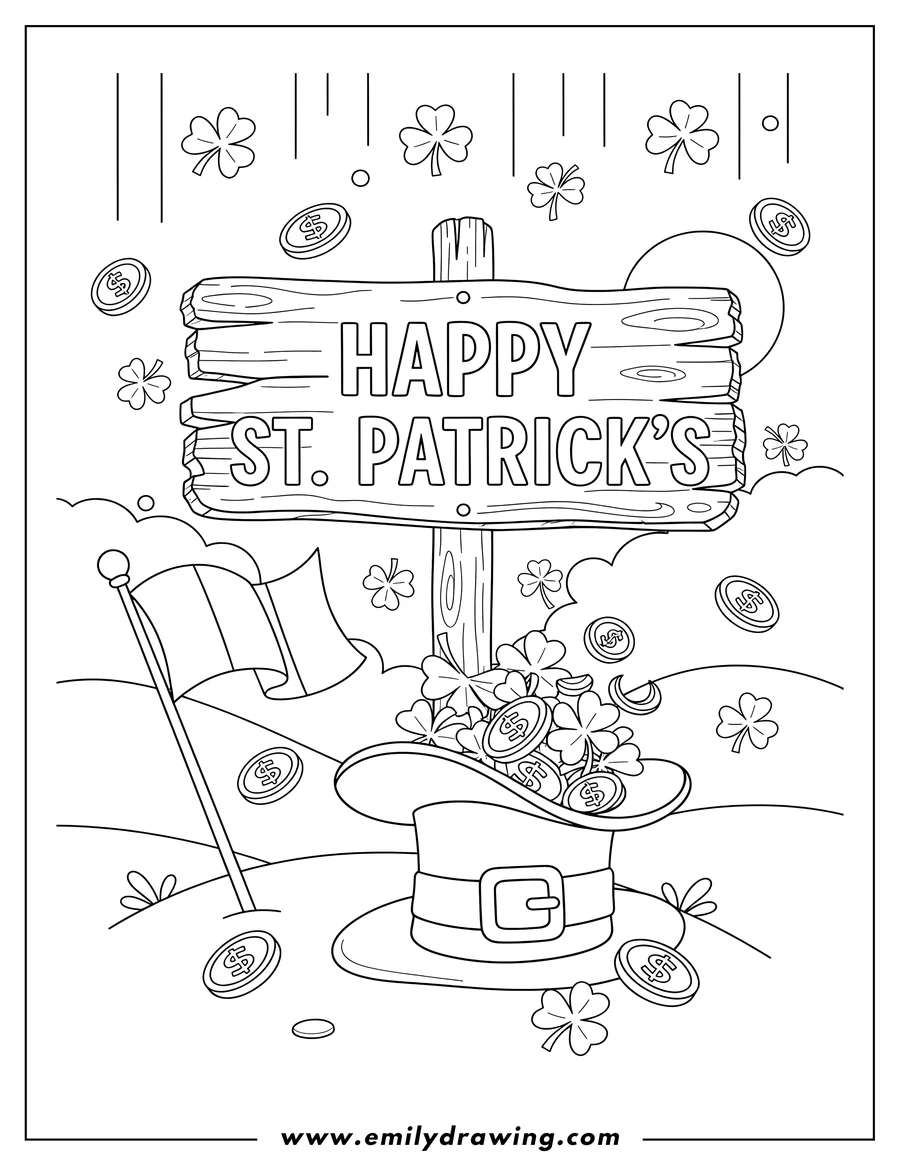 Doodle style coloring picture of st Patrick S Day 'Happy St. Patrick's' Wooden Sign, overflowing Leprechaun Hat, Irish Flag, and falling Shamrocks and Gold Coins