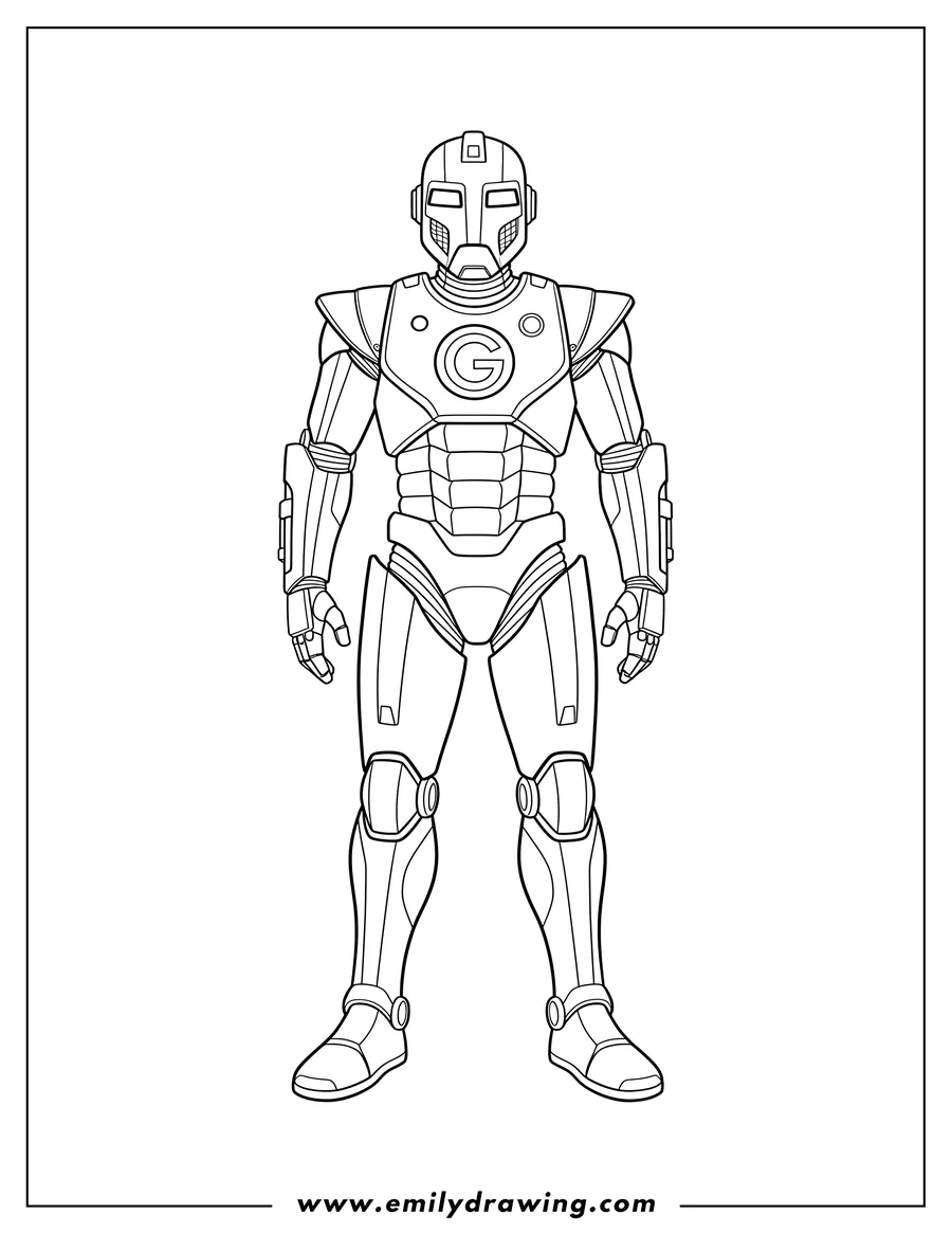 Simple sketch of detailed standing Cyberman with a G on its chest to color