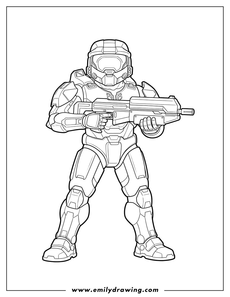 Coloring sheet featuring detailed standing Halo Soldier holding a futuristic rifle