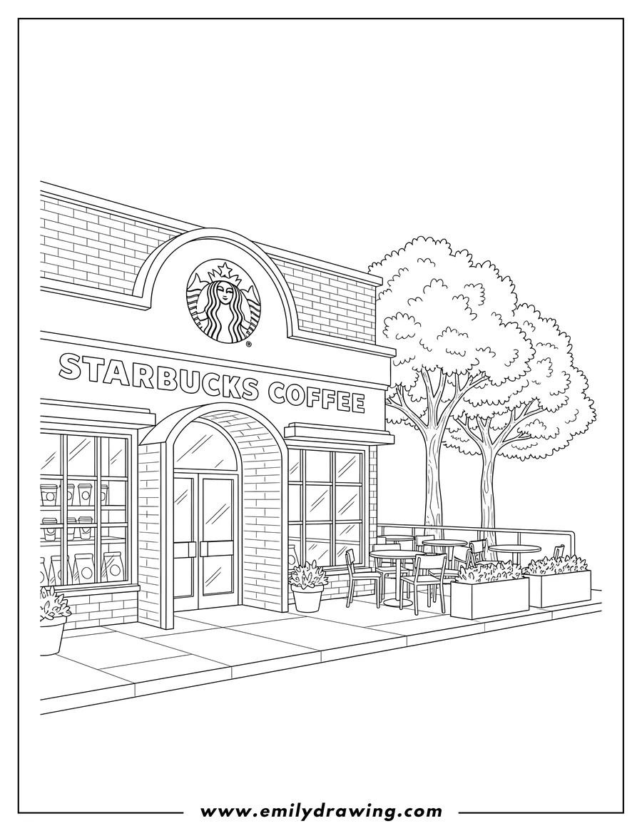 Vector style outline of detailed Starbucks Cafe Exterior with outdoor seating and green trees