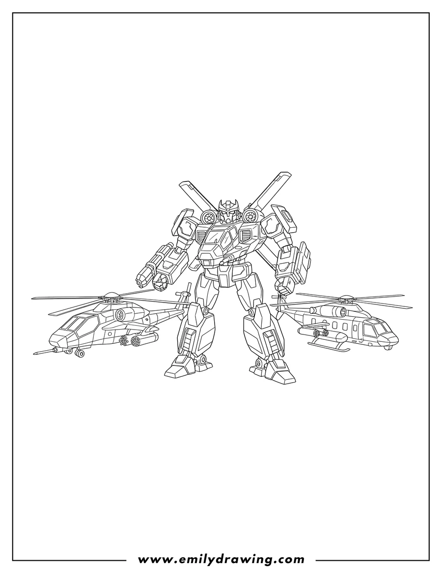 Vector style outline of detailed Ss08 Stealth Transformer, a helicopter robot, standing with two helicopters