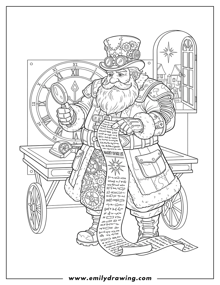 Outline drawing of steampunk Santa Claus checking a long naughty or nice list for Christmas