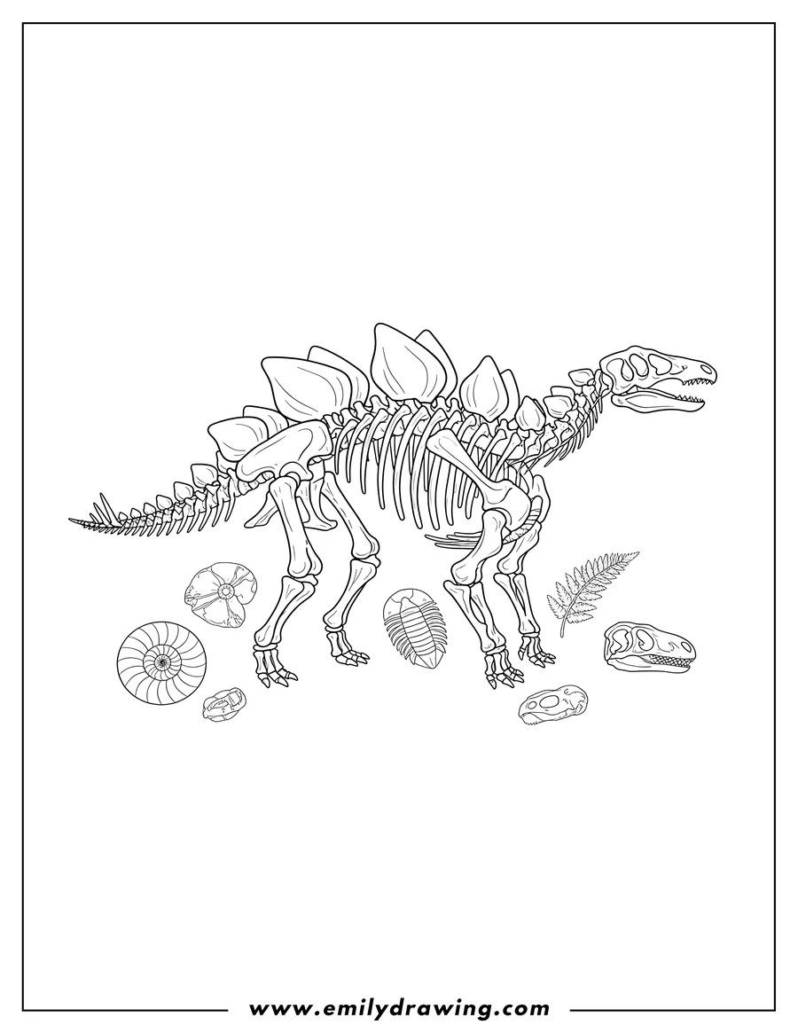 Simple sketch of detailed Stegosaurus Skeleton Side View, standing, with assorted fossil outlines to color