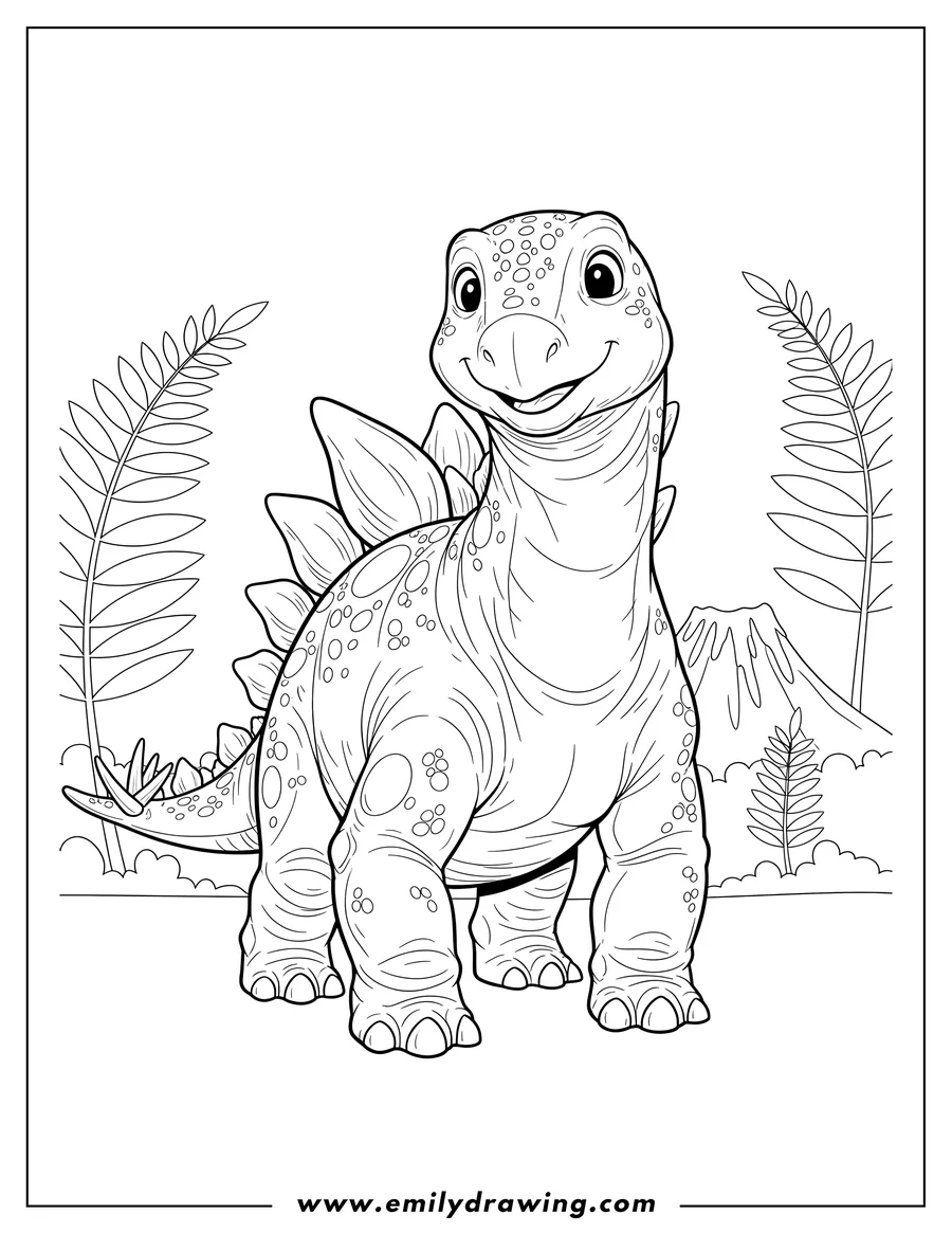Free printable coloring sheet of detailed Stegosaurus standing, looking forward