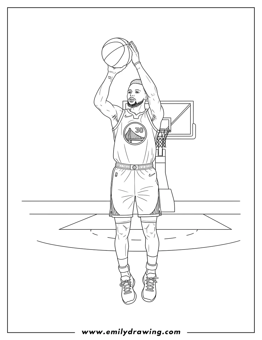 Full page coloring image of detailed Stephen Curry in a Warriors jersey #30, holding a basketball above his head, about to shoot