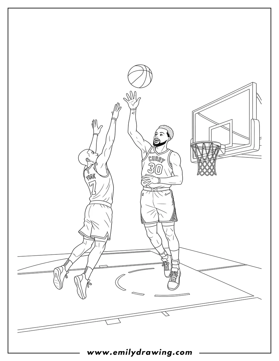 Free printable coloring sheet of stephen Curry (CURRY 30) shooting a three-pointer with a defender (YORK 7) trying to block his shot