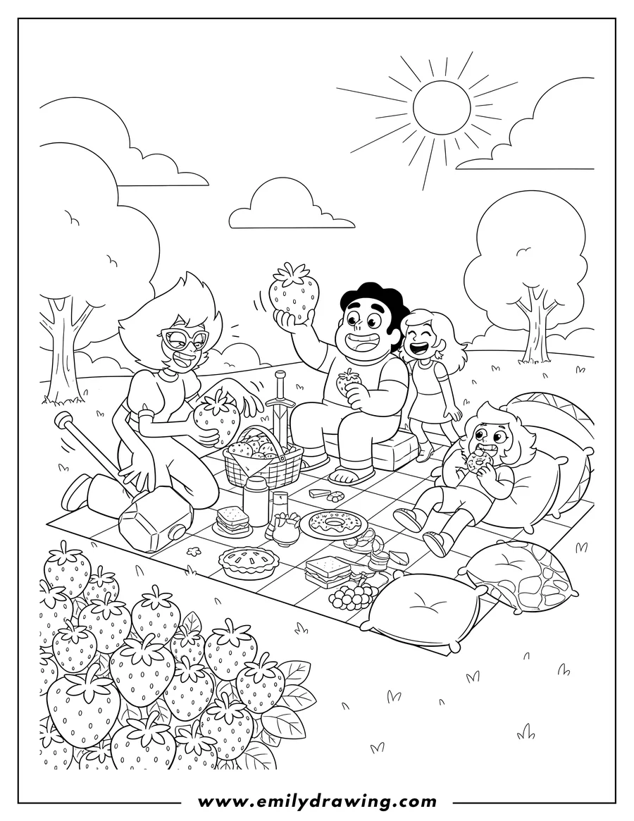 Free printable coloring sheet of detailed Steven Universe With Connie, Sardonyx harvesting strawberries, and Amethyst lounging, all having a picnic
