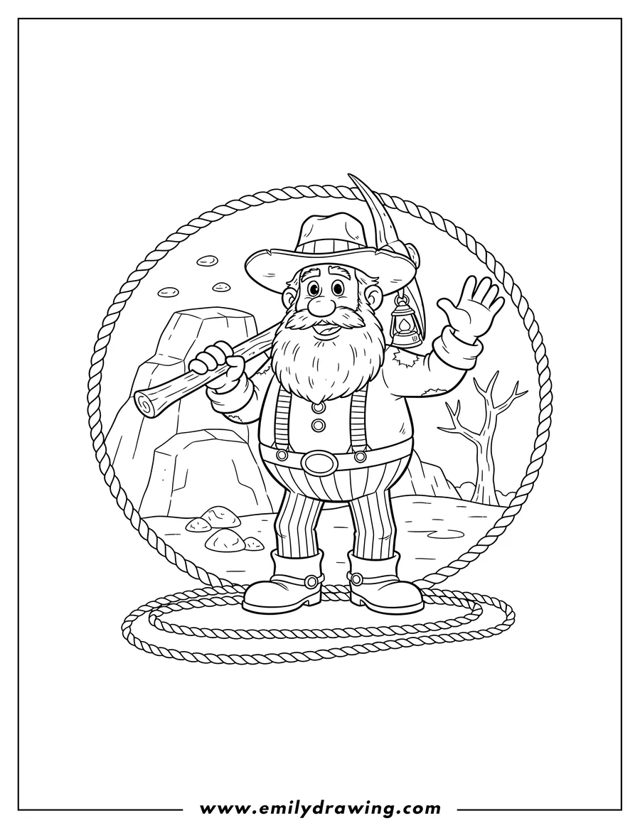 High quality printable stinky Pete Prospector Scaled, holding a pickaxe, waving, framed by a rope lasso for coloring