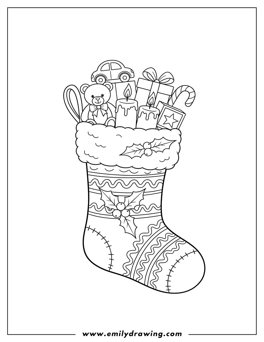Doodle style coloring picture of christmas Stocking filled with gifts, decorated with holly and candles