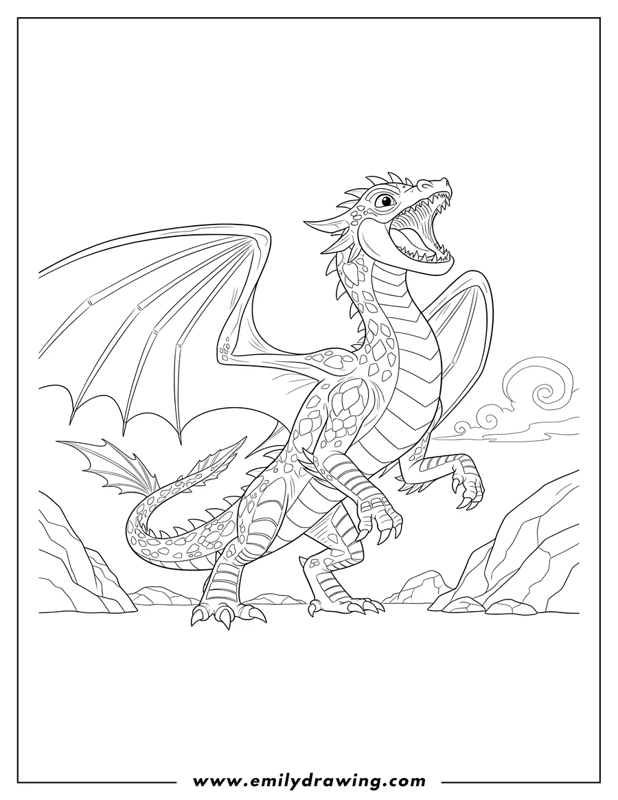 Printable line art of detailed Stormfly roaring and striding