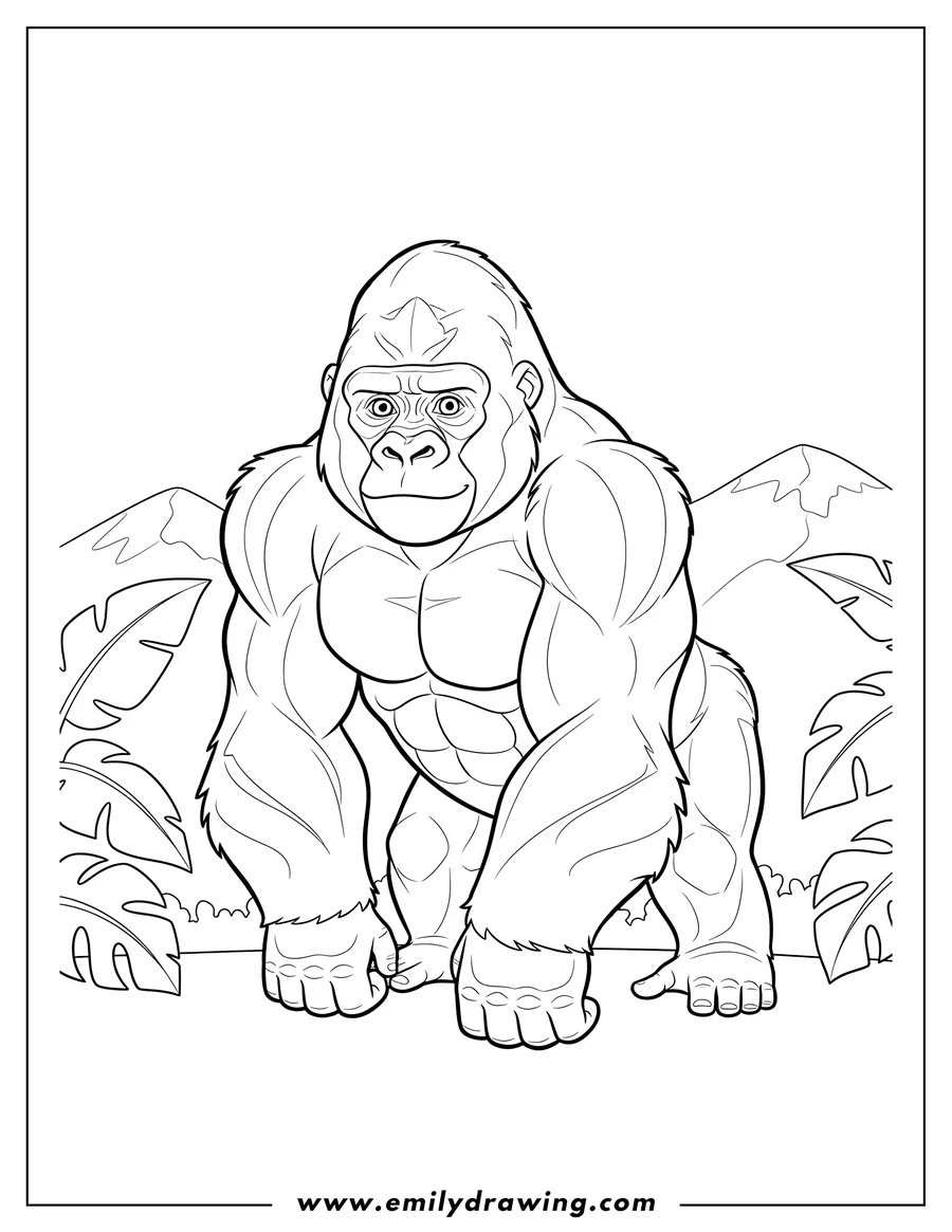 Printable coloring page of strong Gorilla standing on its knuckles, looking forward with a calm gaze