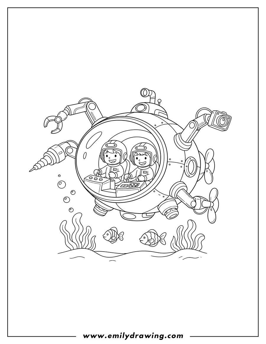 Coloring page for kids: detailed submarine pod with two pilots inside