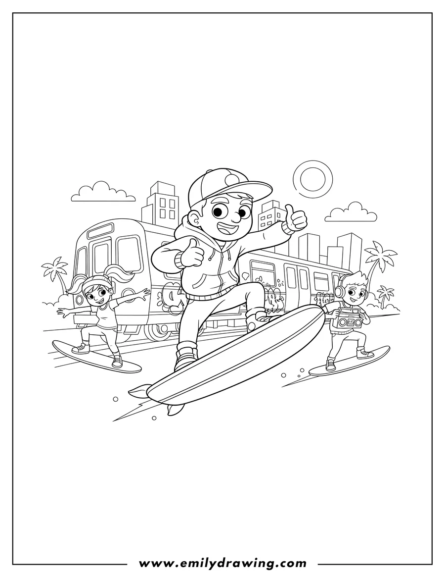 Coloring page for kids: detailed Subway Surfers Poster with Jake and friends surfing on boards