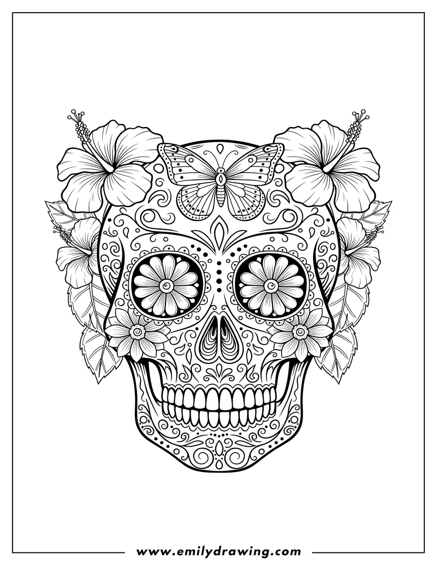 Doodle style coloring picture of detailed Sugar Skull Design with a butterfly on its forehead and round floral eyes, framed by hibiscus flowers