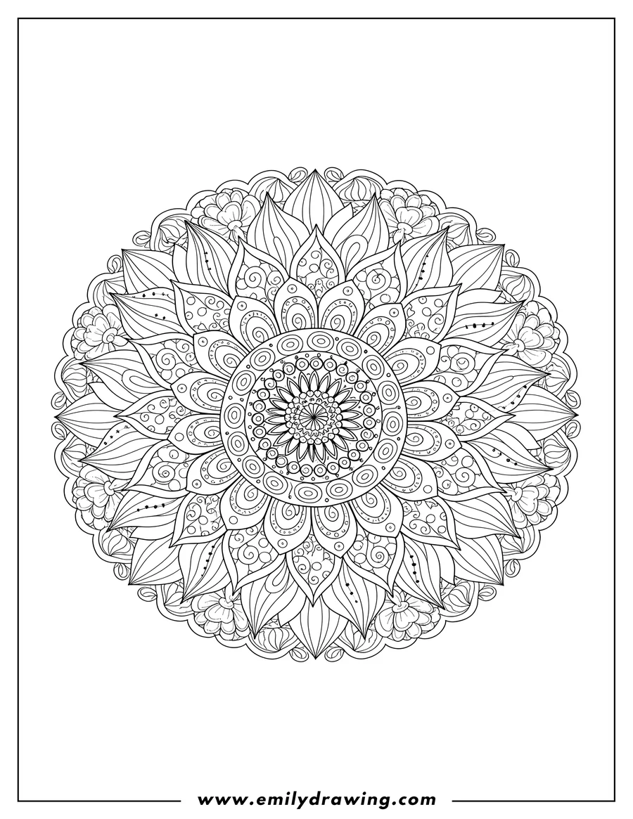 Coloring page of detailed Sunflower Mandala line art with intricate patterns