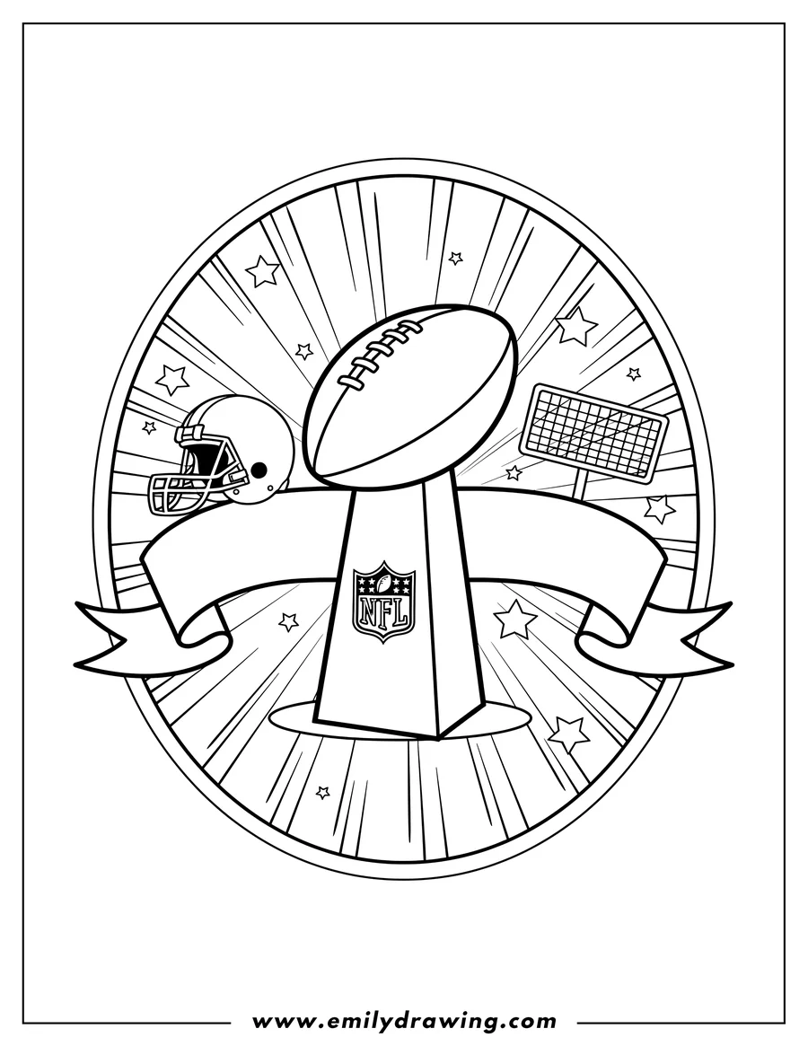 Printable coloring page of nfl Super Bowl with Lombardi Trophy, NFL shield, and football