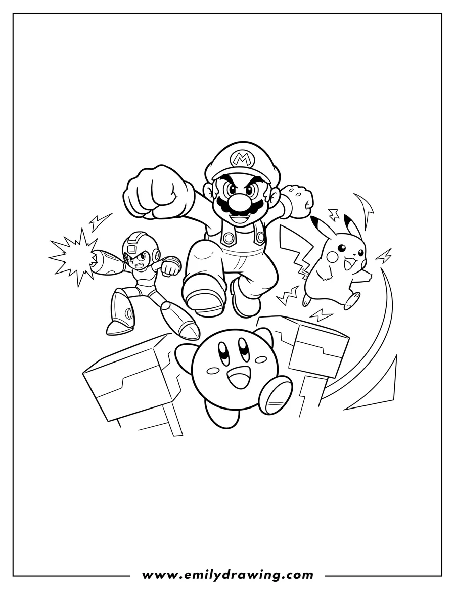 Outline drawing of super Smash Bros Scaled featuring Mario, Pikachu, Mega Man, and Kirby in action poses