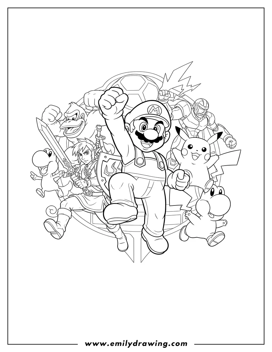 Doodle style coloring picture of detailed Super Smash Bros Poster featuring Mario, Link, Pikachu, and other fighters