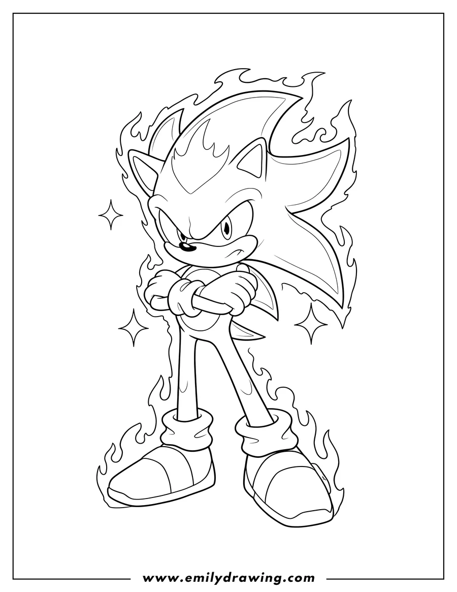 Clean line drawing: detailed Super Sonic With Arms Crossed, standing, with a stern expression