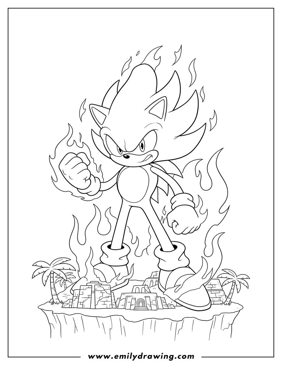 Full page coloring image of super Sonic with fierce expression, engulfed in flames, fist up on Angel Island