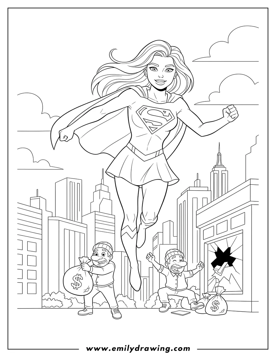 High quality printable supergirl flying in New York City, stopping criminals for coloring