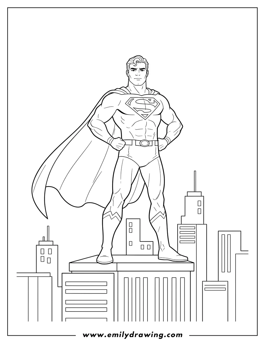 Free to print drawing of superman in his iconic suit, with a flowing cape, standing heroically on a building edge